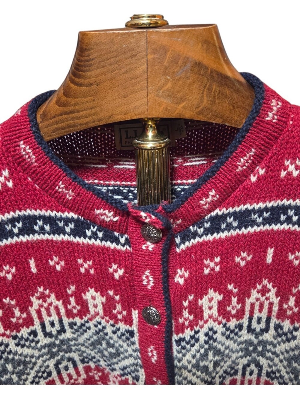 Vintage 90s Womens LL Bean Fair Isle Nordic Red Cardigan Made In USA Size Large - Picture 2 of 7